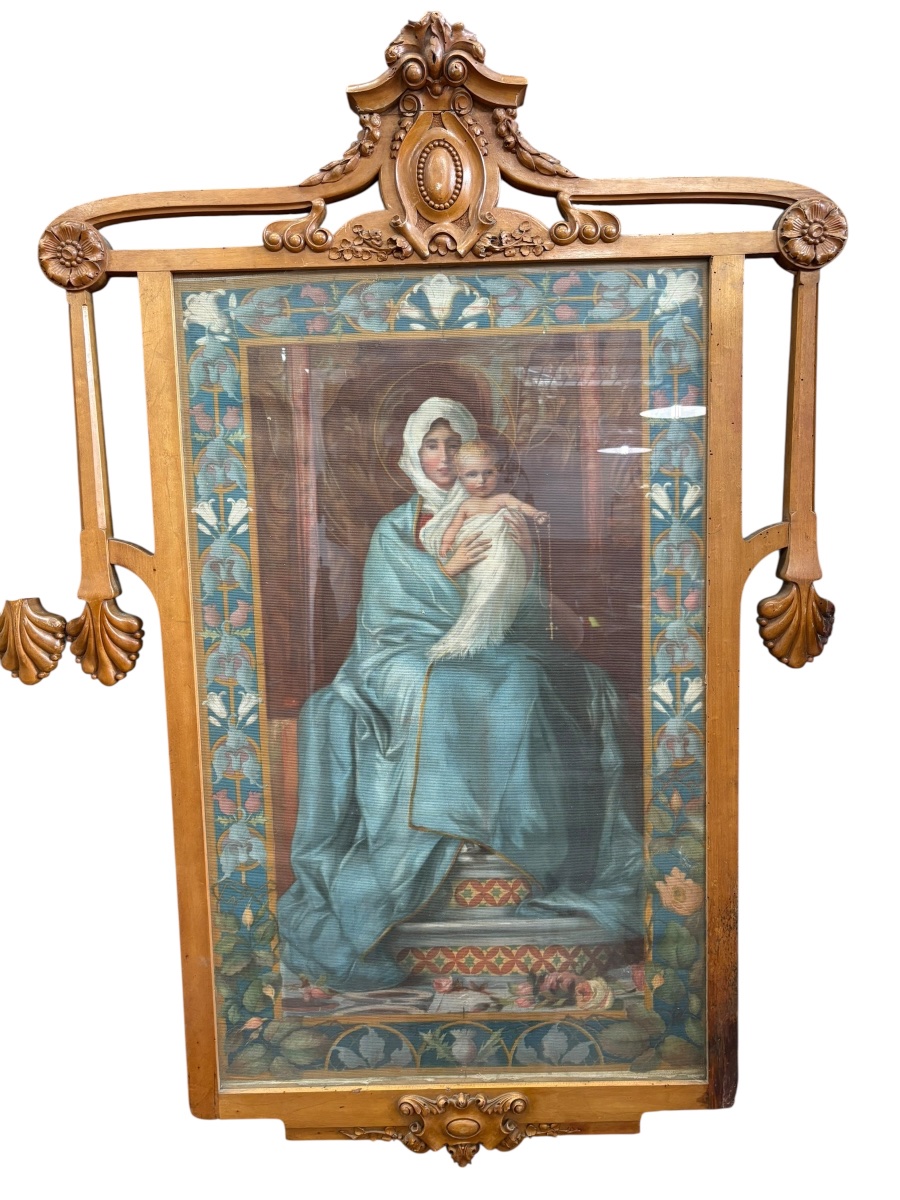 Pair Of Incredible Wooden Frames With Painted Tapestry Of The Virgin And Child -photo-5