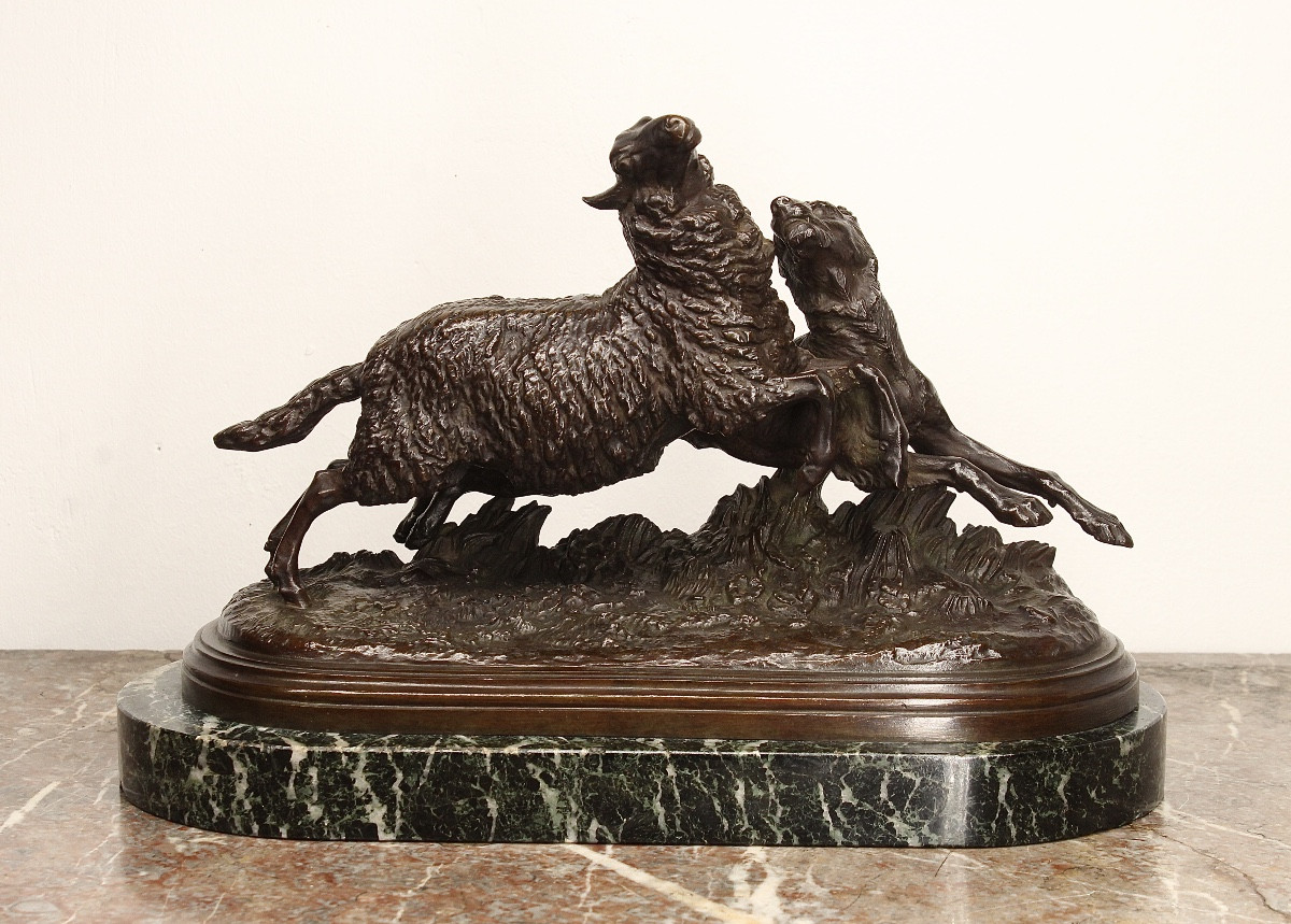 Bronze Animal Sculpture - Dog And Sheep - Isidore Jules Bonheur - d'Estray Foundry 