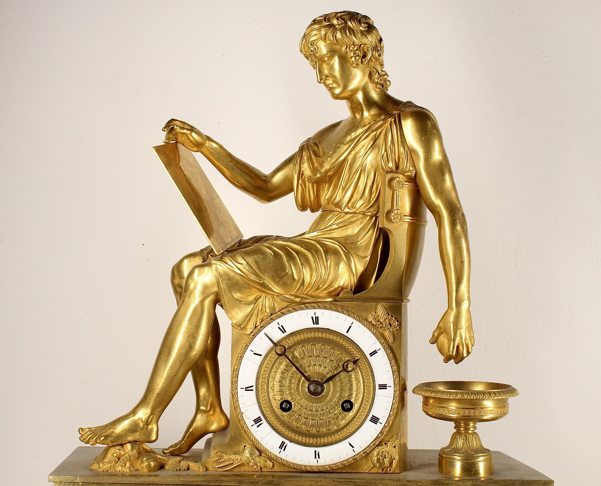 Gilt Bronze Clock - The Study Of Alexander The Great - Empire/restoration Period-photo-2