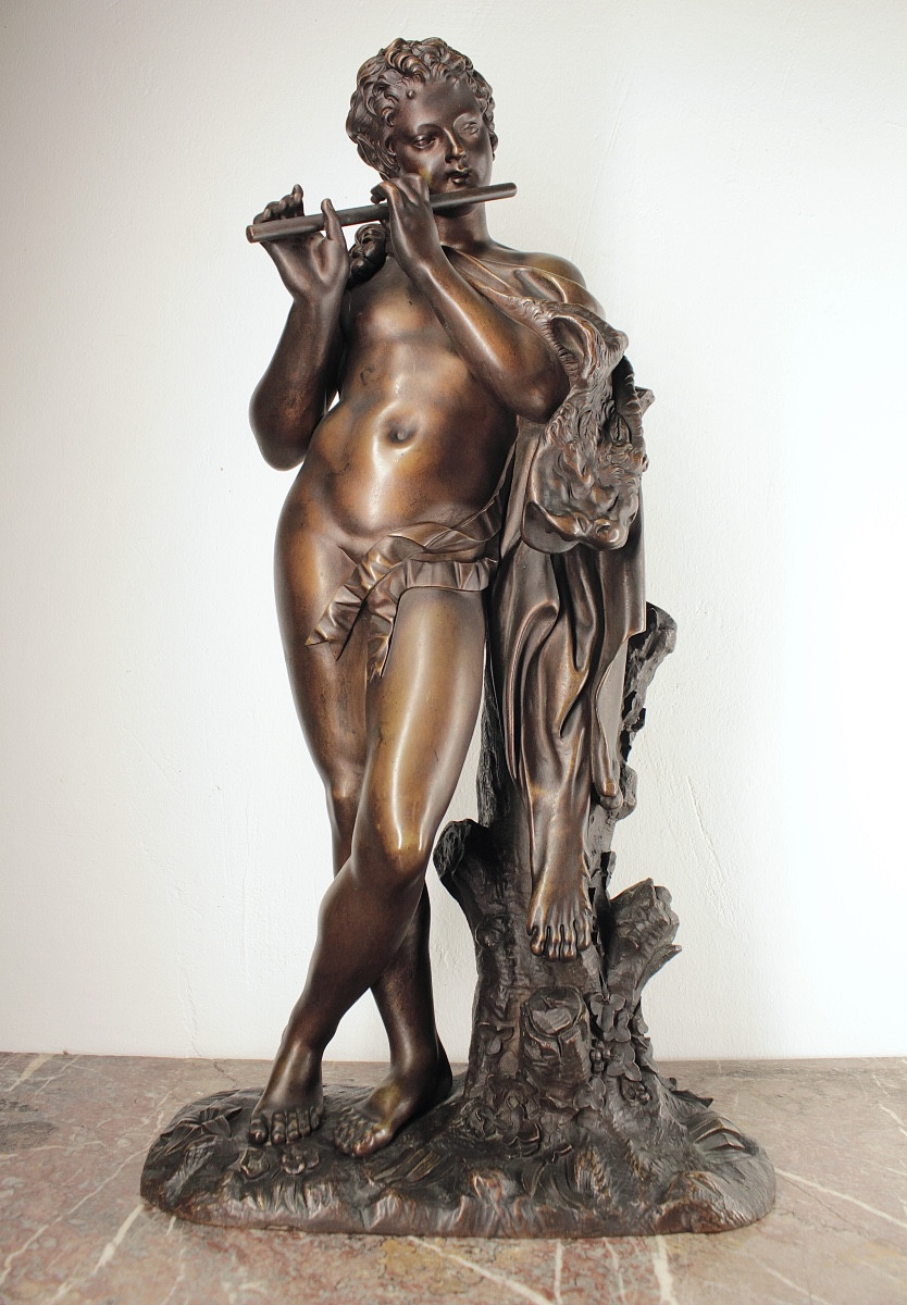 Bronze Cast - The Flute-playing Faun - After The Antique - Model Kept At The Louvre Museum 