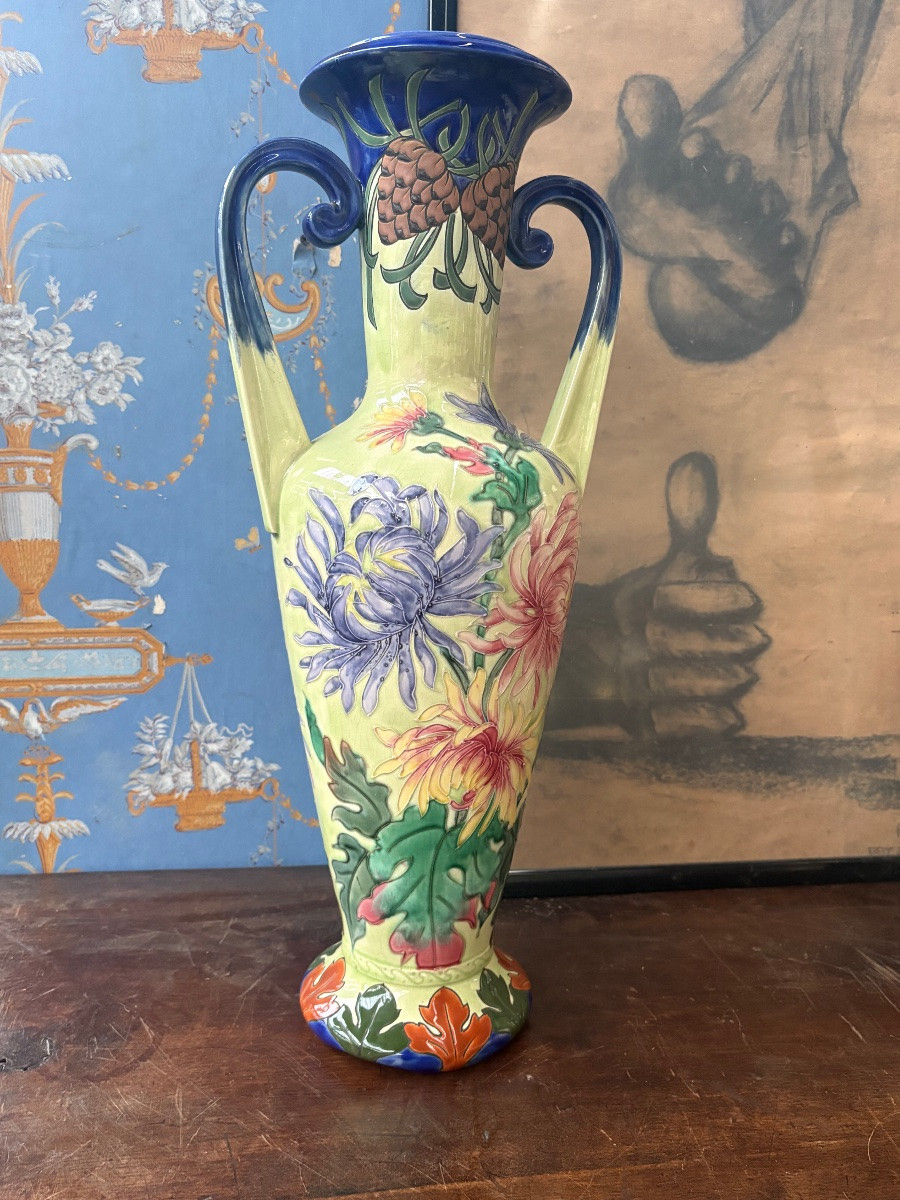 Large Pair Of Longchamp Terre De Fer Vases – Floral Decoration – 19th Century – 59 Cm-photo-1