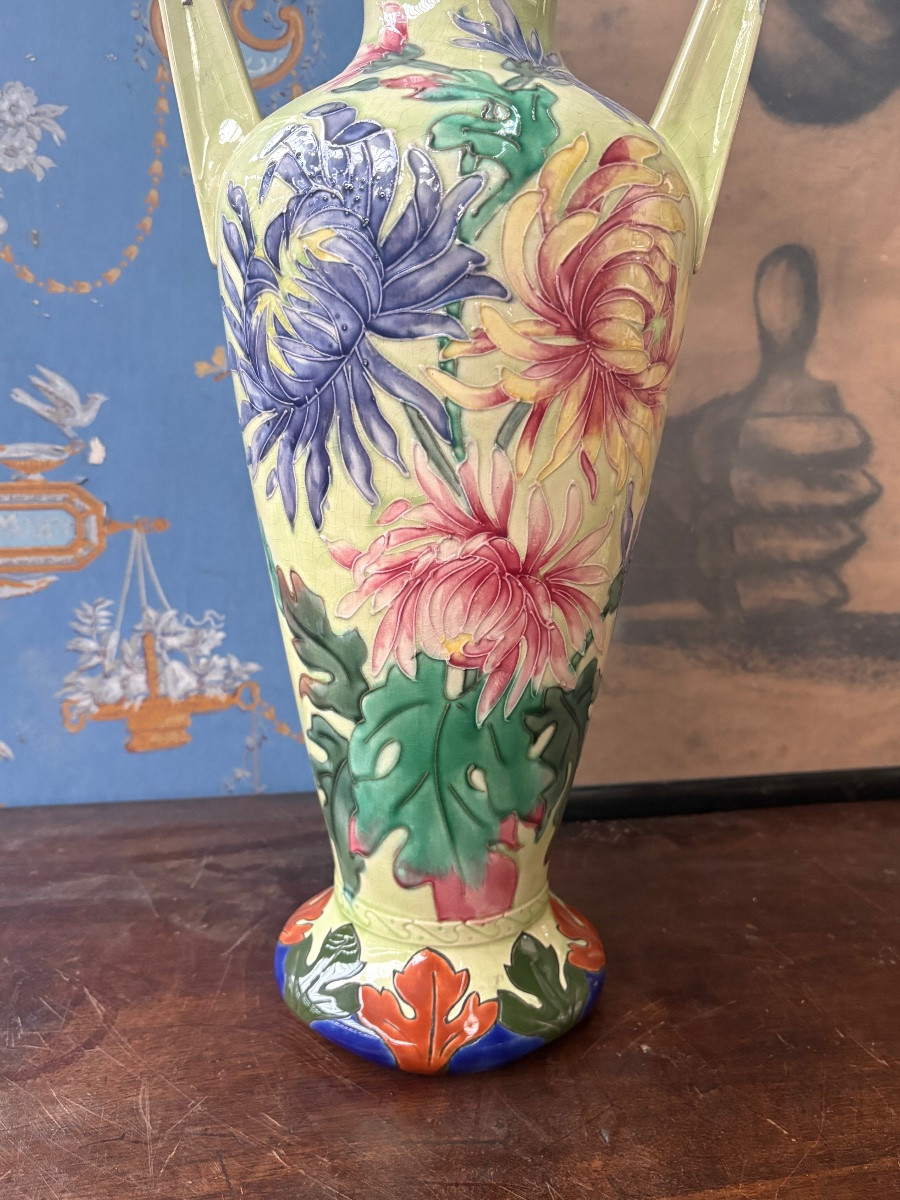 Large Pair Of Longchamp Terre De Fer Vases – Floral Decoration – 19th Century – 59 Cm-photo-4