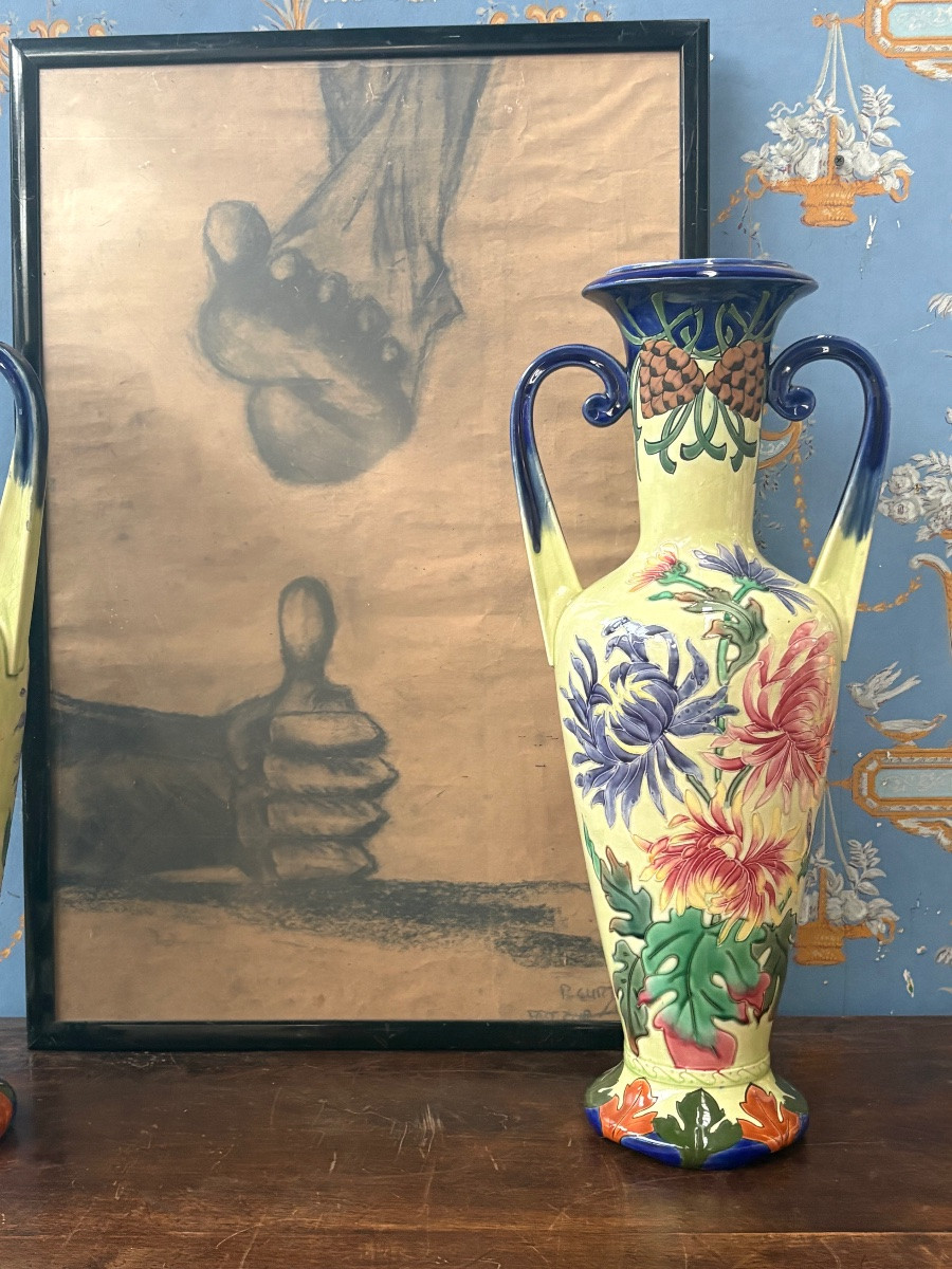 Large Pair Of Longchamp Terre De Fer Vases – Floral Decoration – 19th Century – 59 Cm-photo-5