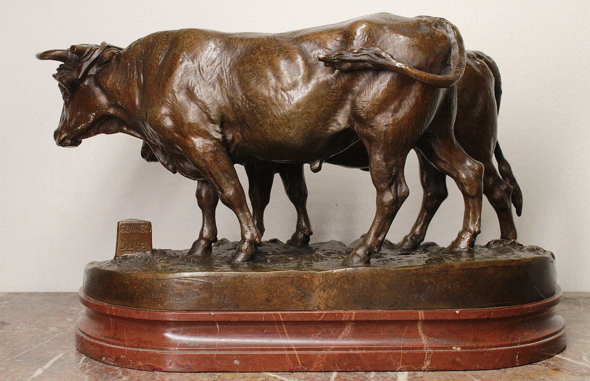 Bronze animalier Attelage de Bœufs Nivernais Charles Valton éleve de BARYE  Salon 1887-photo-3