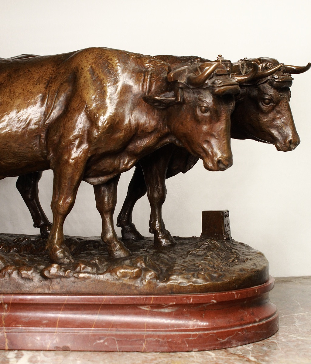 Bronze animalier Attelage de Bœufs Nivernais Charles Valton éleve de BARYE  Salon 1887-photo-4