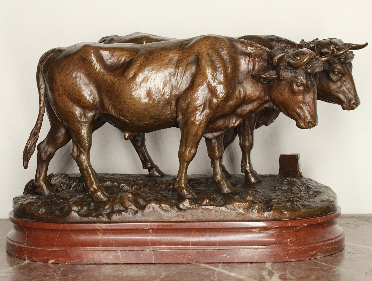 Bronze animalier Attelage de Bœufs Nivernais Charles Valton éleve de BARYE  Salon 1887