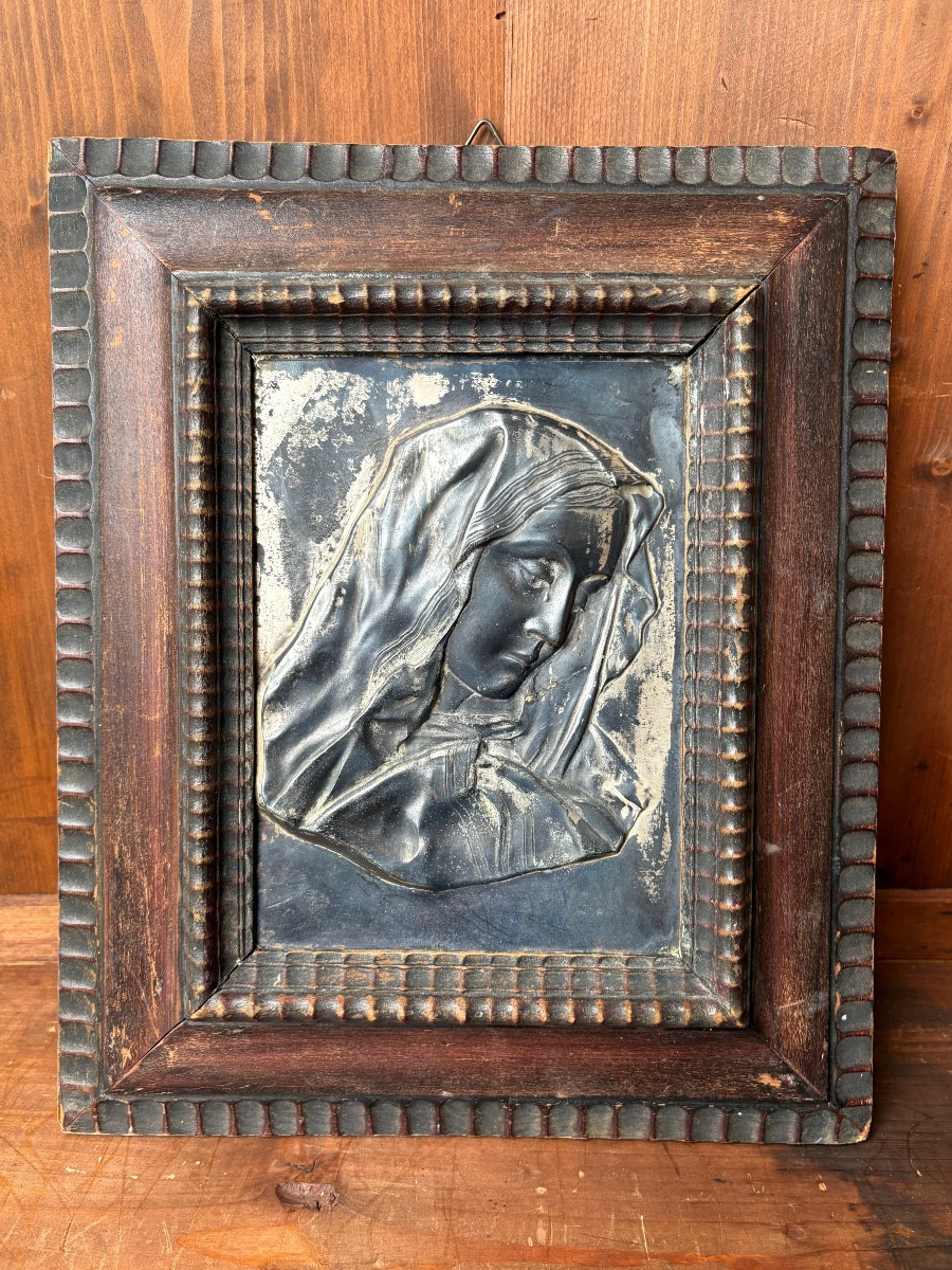 Bas-relief Of The Virgin Mary - Carved Frame - Work From The 19th Century