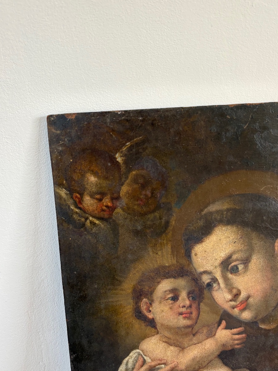 Saint Anthony With The Child, Oil On Copper – Antique Engraving Plate From The 17th–18th Centuries-photo-3