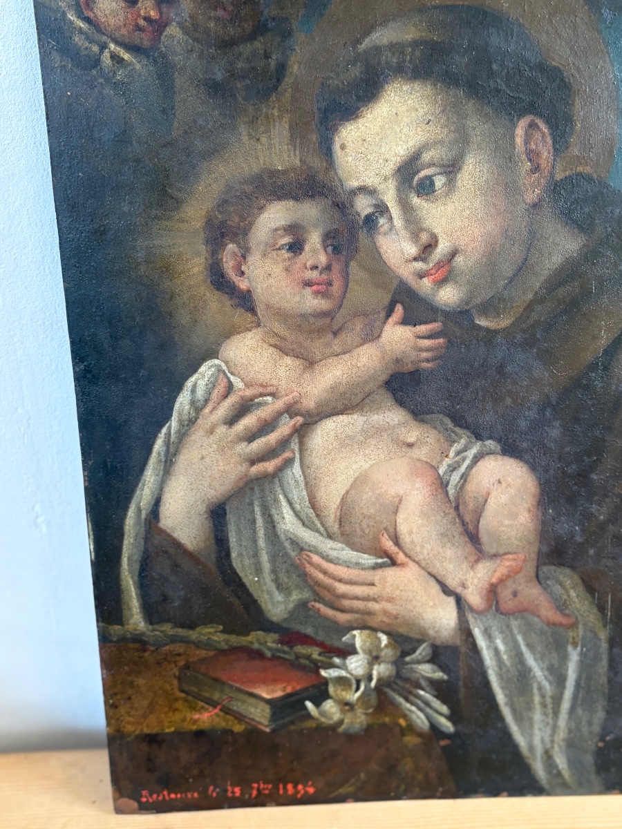 Saint Anthony With The Child, Oil On Copper – Antique Engraving Plate From The 17th–18th Centuries-photo-4