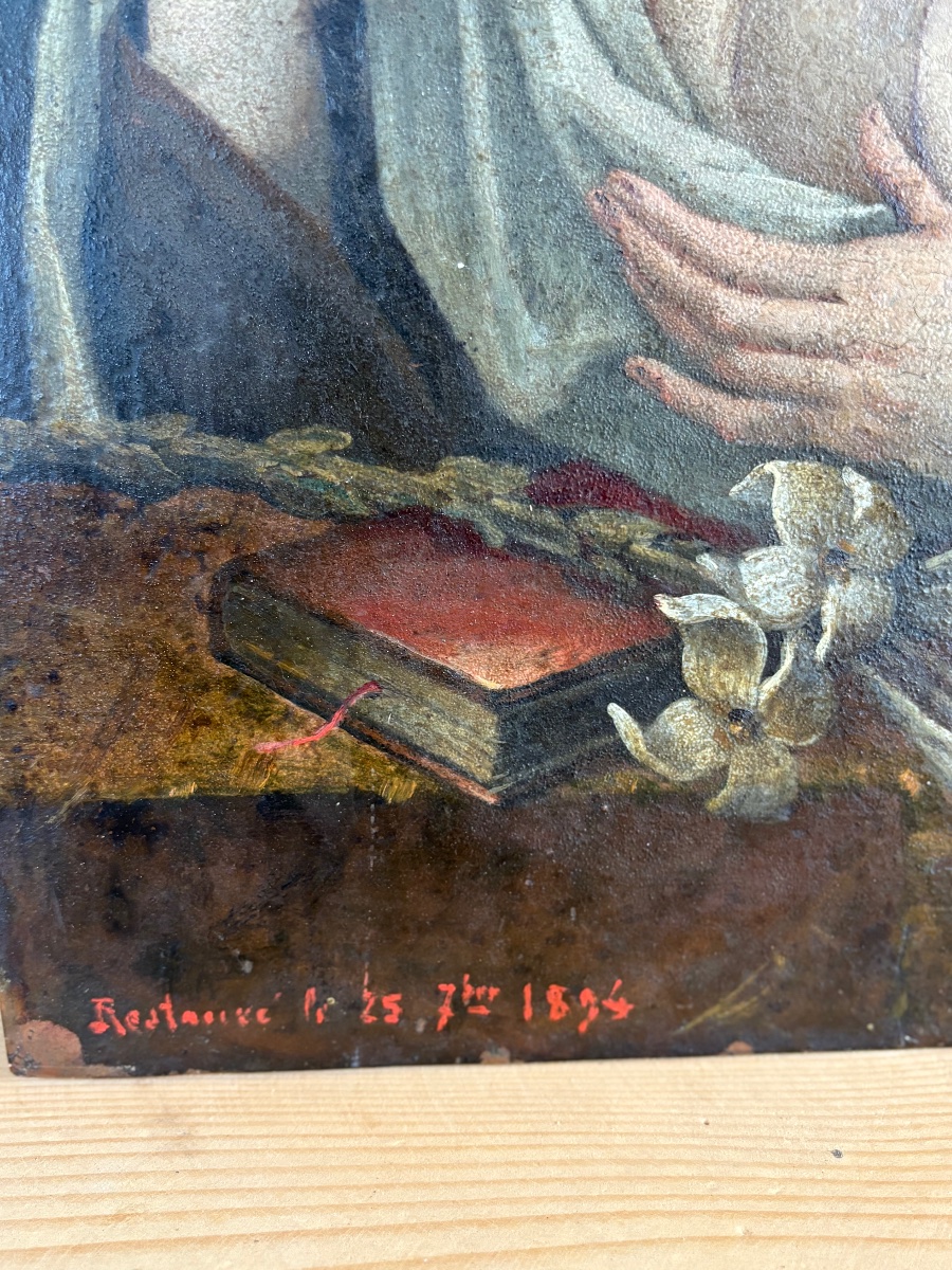 Saint Anthony With The Child, Oil On Copper – Antique Engraving Plate From The 17th–18th Centuries-photo-1