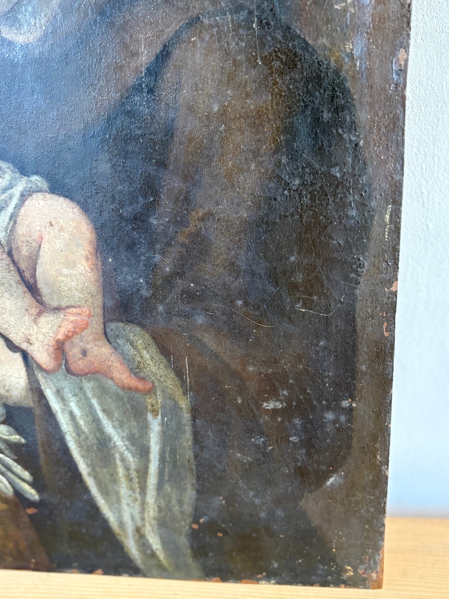 Saint Anthony With The Child, Oil On Copper – Antique Engraving Plate From The 17th–18th Centuries-photo-2