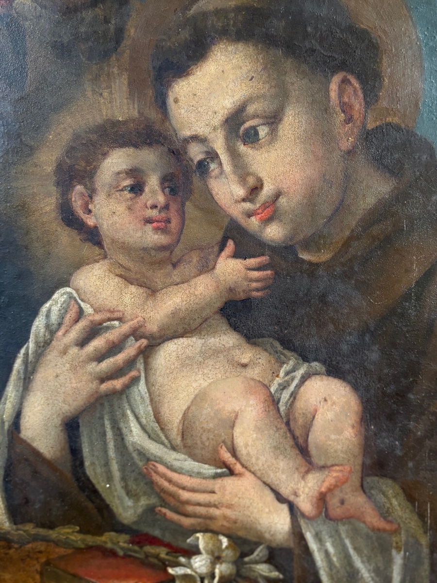 Saint Anthony With The Child, Oil On Copper – Antique Engraving Plate From The 17th–18th Centuries-photo-4