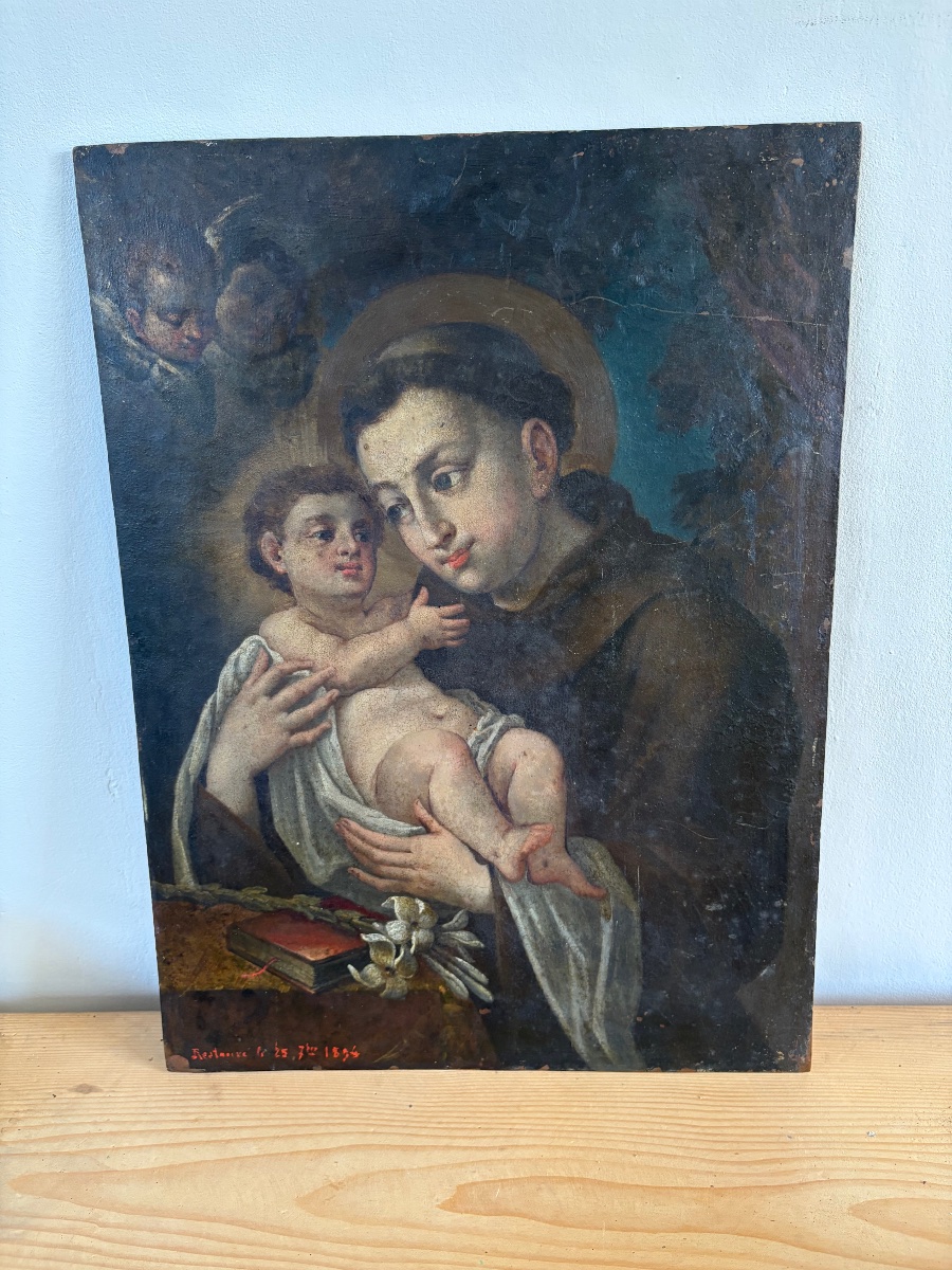 Saint Anthony With The Child, Oil On Copper – Antique Engraving Plate From The 17th–18th Centuries