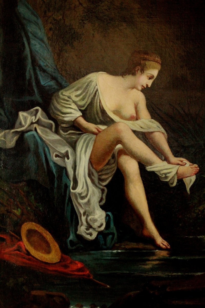 Tableau - Peinture - Huile Sur Toile d'Après François Boucher - La Baigneuse Surprise - École Française XVIIIe-photo-3