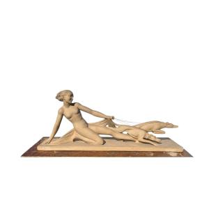 Statue Art Déco Année 1930 Femme Aux Lévriers 