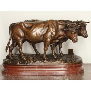 Bronze animalier Attelage de Bœufs Nivernais Charles Valton éleve de BARYE  Salon 1887