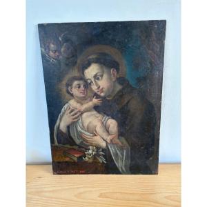 Saint Anthony With The Child, Oil On Copper – Antique Engraving Plate From The 17th–18th Centuries