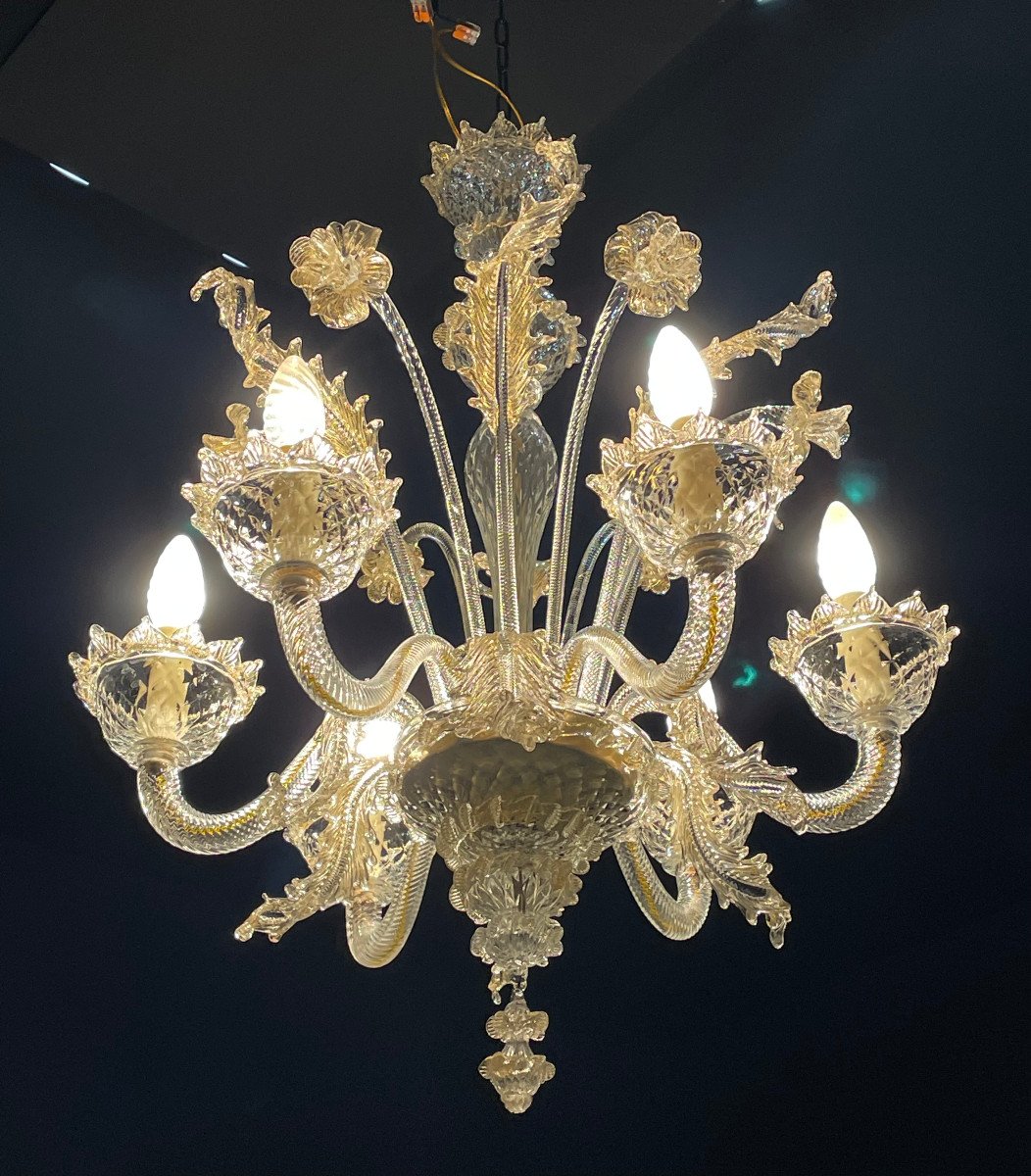 Lustre 6 Lumières Inclusions d'Or Murano Vénitien XXe 1950-photo-3
