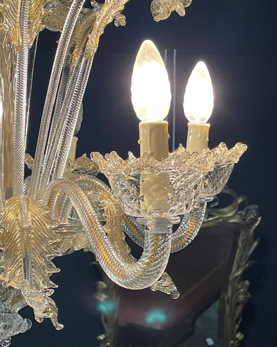 Lustre 6 Lumières Inclusions d'Or Murano Vénitien XXe 1950-photo-3