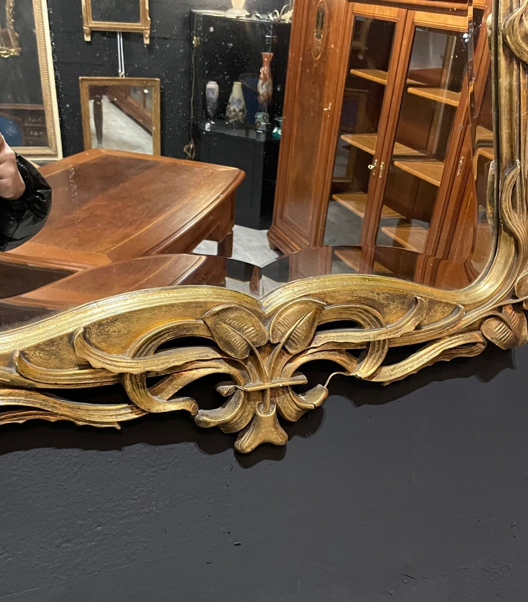 Grand Miroir Art Nouveau Aux Nénuphars et Iris En Bois Et Stuc Doré Ecole De Nancy-photo-1