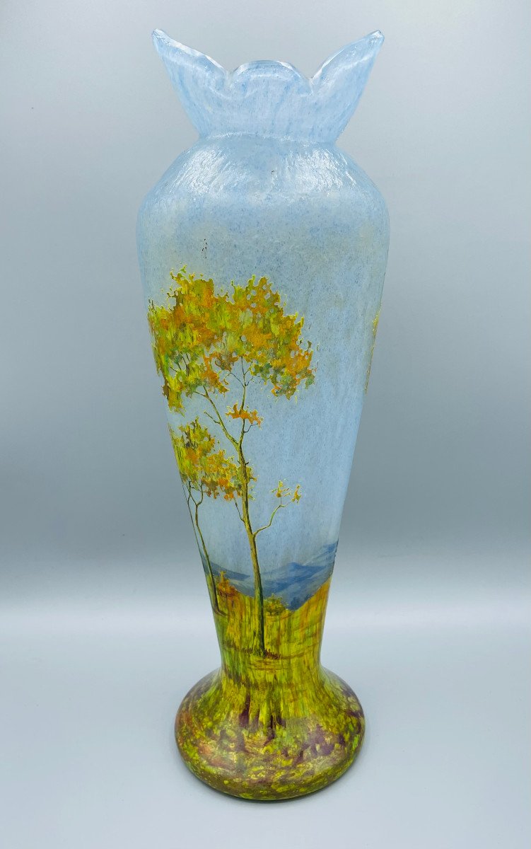 Large Vase Engraved And Enamelled Art Nouveau Landscape Decor Daum Nancy-photo-2