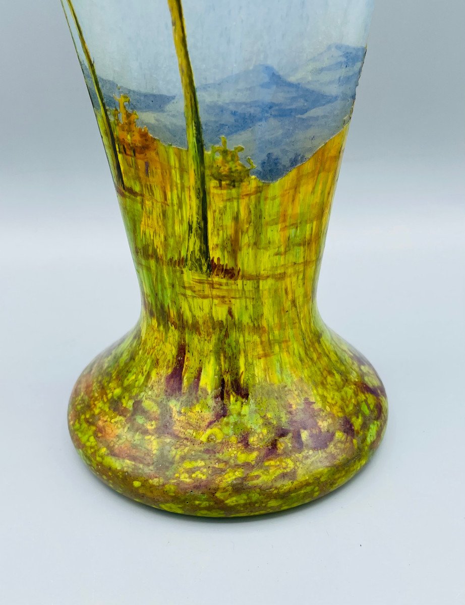 Large Vase Engraved And Enamelled Art Nouveau Landscape Decor Daum Nancy-photo-2