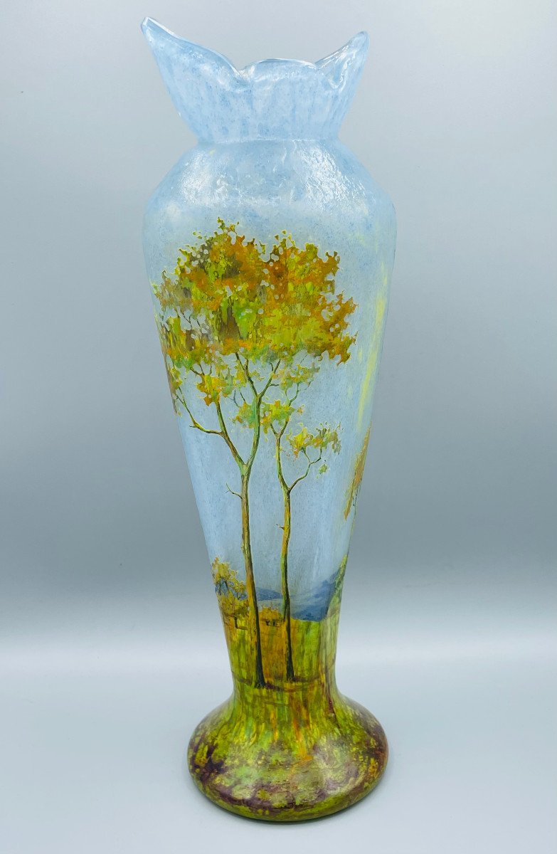 Large Vase Engraved And Enamelled Art Nouveau Landscape Decor Daum Nancy-photo-3