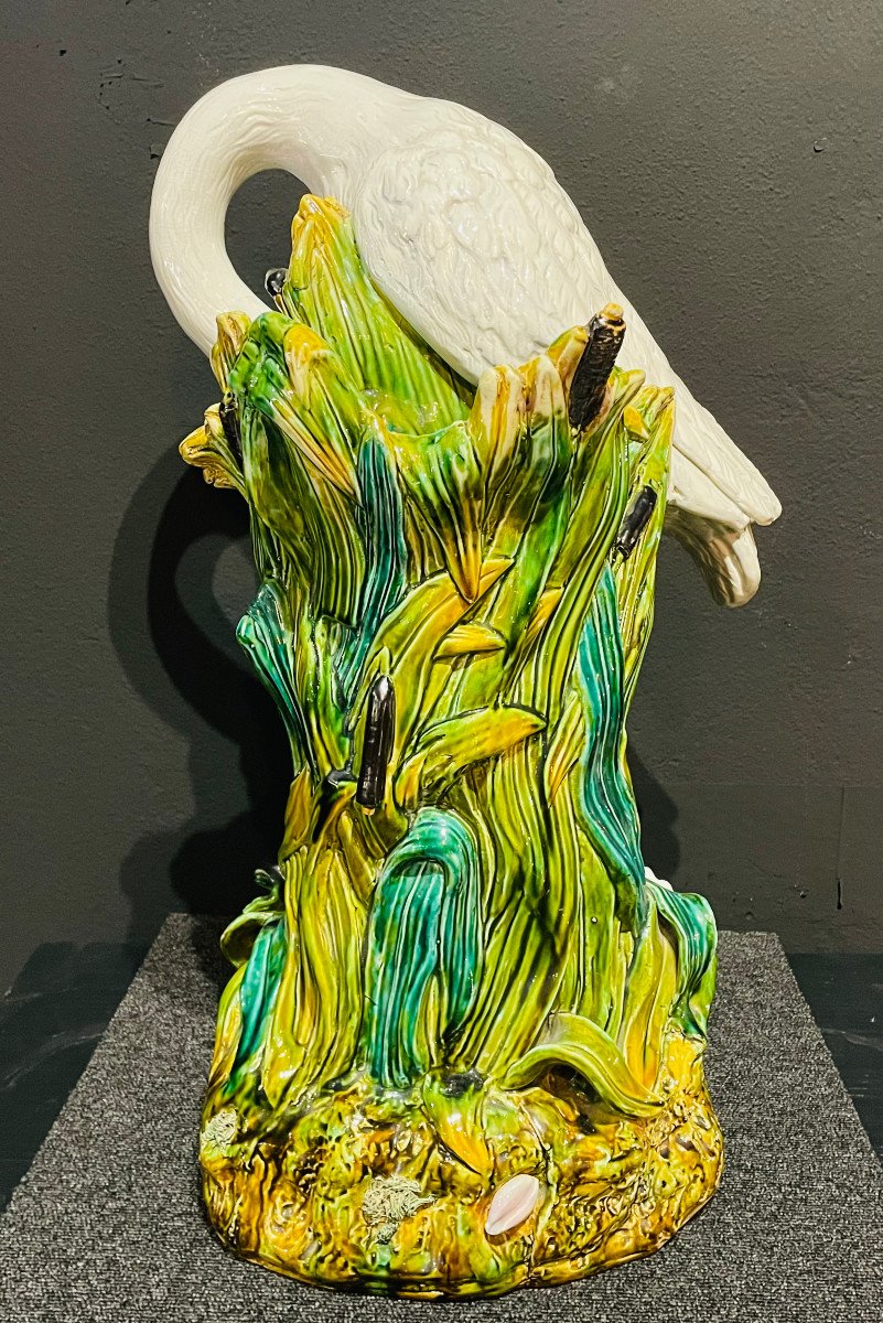 Art Nouveau Heron Umbrella Holder Ceramic Barbotine Delphin Massier Choisy Le Roi XIXth-photo-2