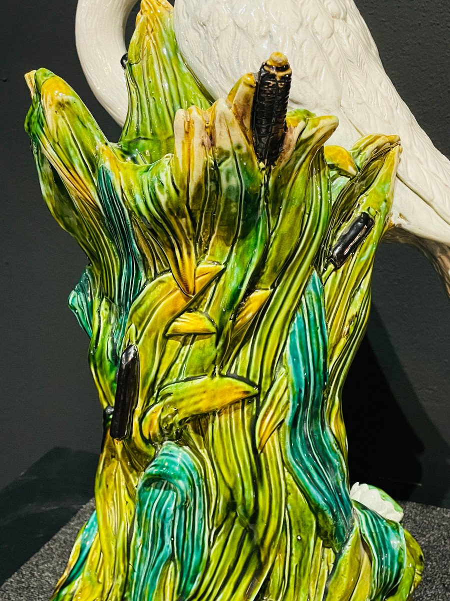 Art Nouveau Heron Umbrella Holder Ceramic Barbotine Delphin Massier Choisy Le Roi XIXth-photo-5