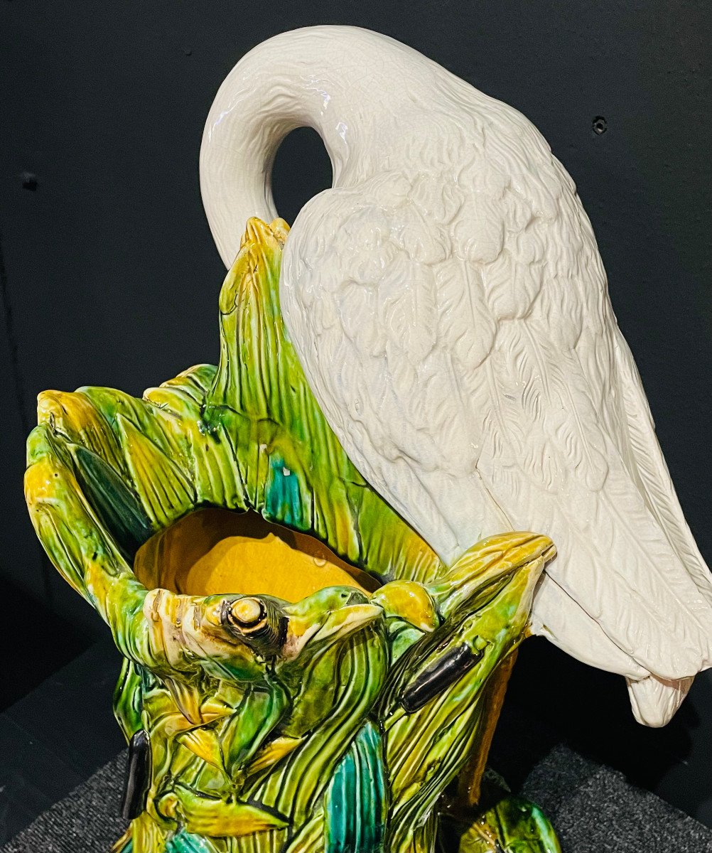 Art Nouveau Heron Umbrella Holder Ceramic Barbotine Delphin Massier Choisy Le Roi XIXth-photo-6