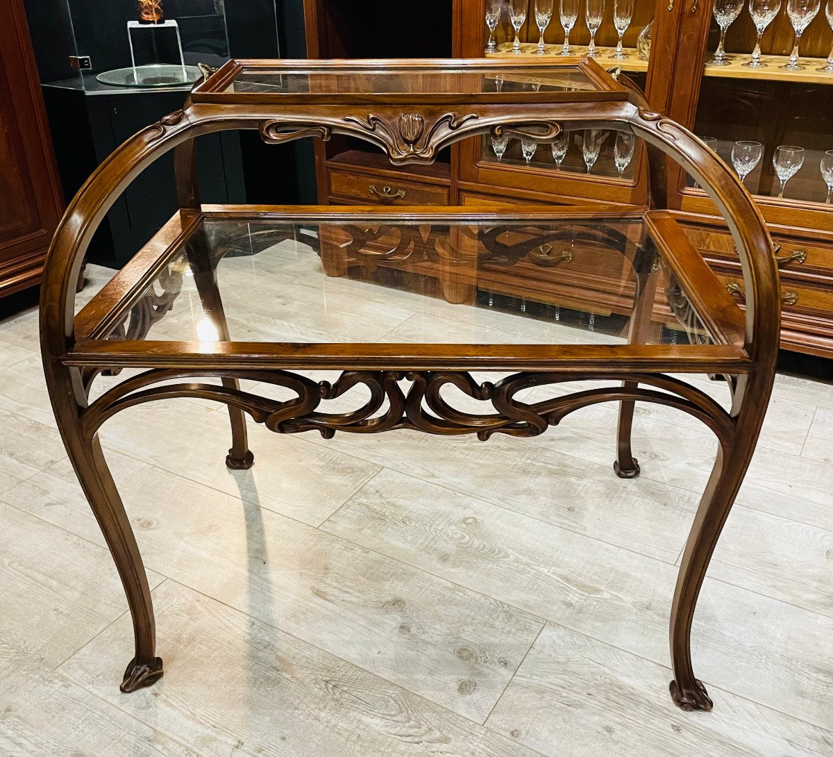 Large Table With Double Trays In Art Nouveau Bronze Walnut Majorelle Nowak-photo-3