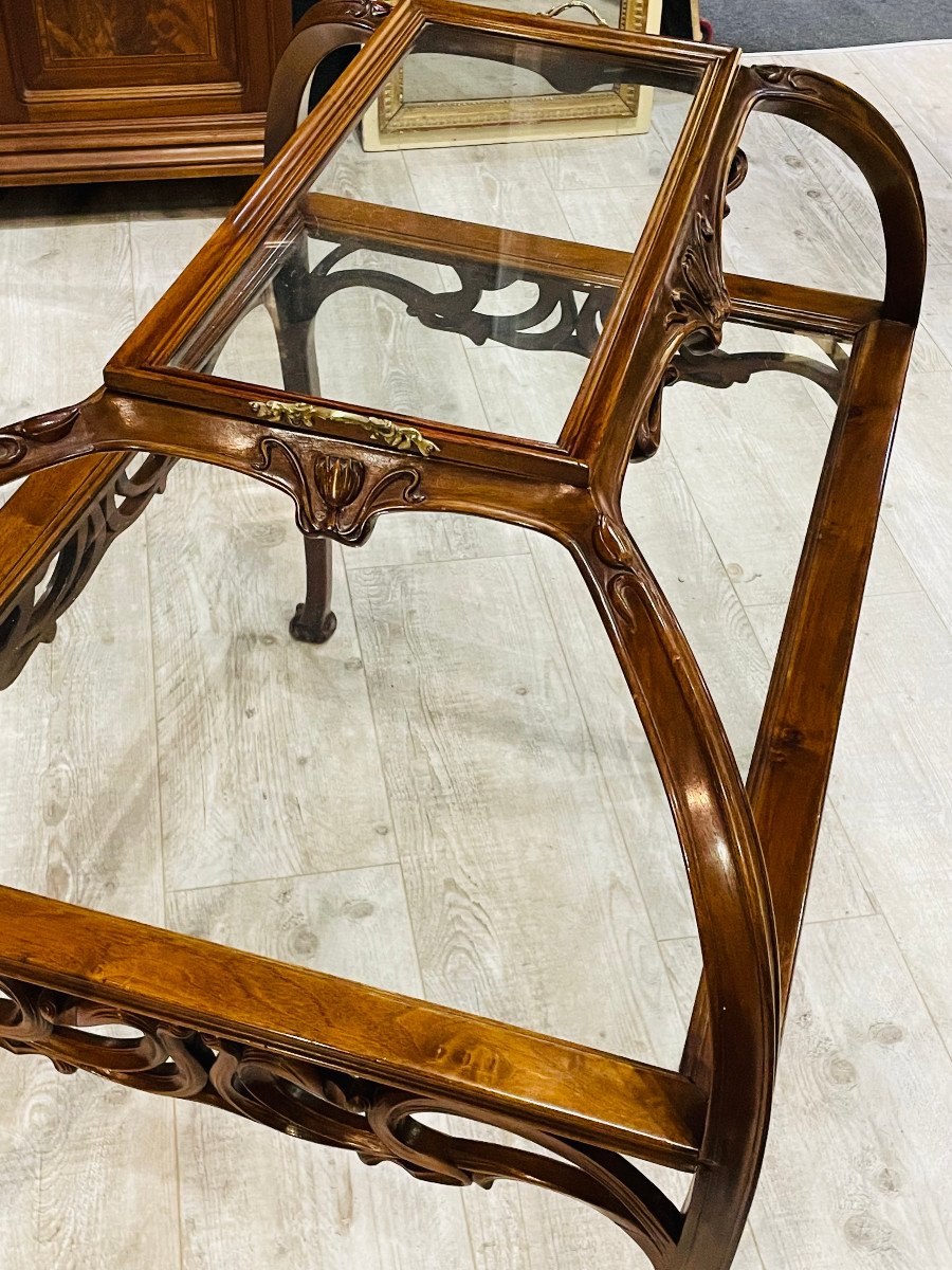 Large Table With Double Trays In Art Nouveau Bronze Walnut Majorelle Nowak-photo-4