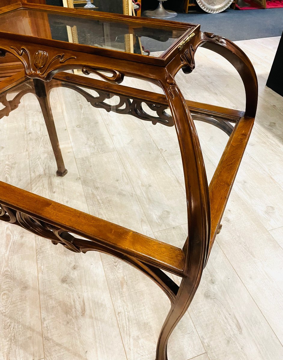 Large Table With Double Trays In Art Nouveau Bronze Walnut Majorelle Nowak-photo-2
