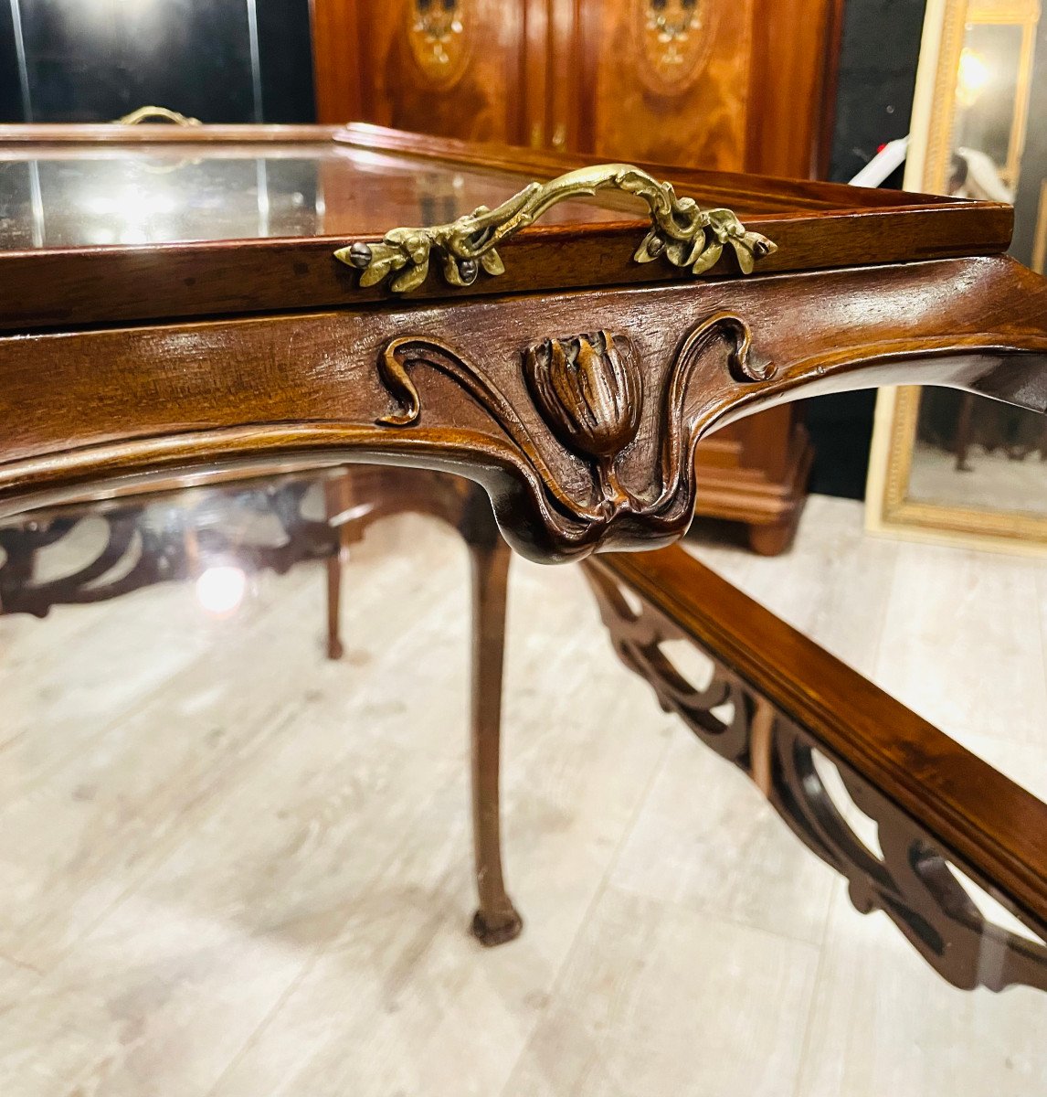 Large Table With Double Trays In Art Nouveau Bronze Walnut Majorelle Nowak-photo-4