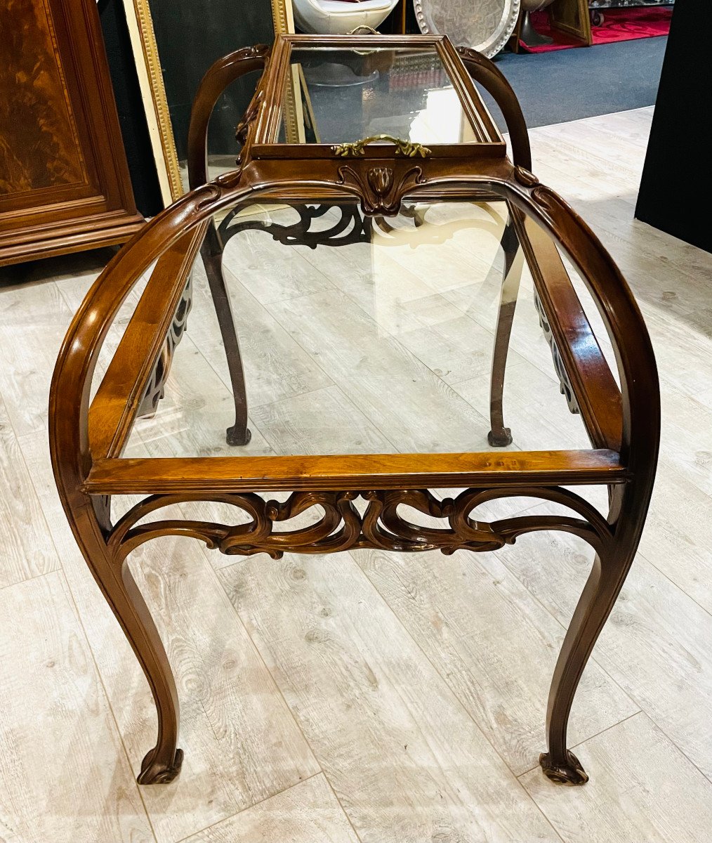 Large Table With Double Trays In Art Nouveau Bronze Walnut Majorelle Nowak-photo-7