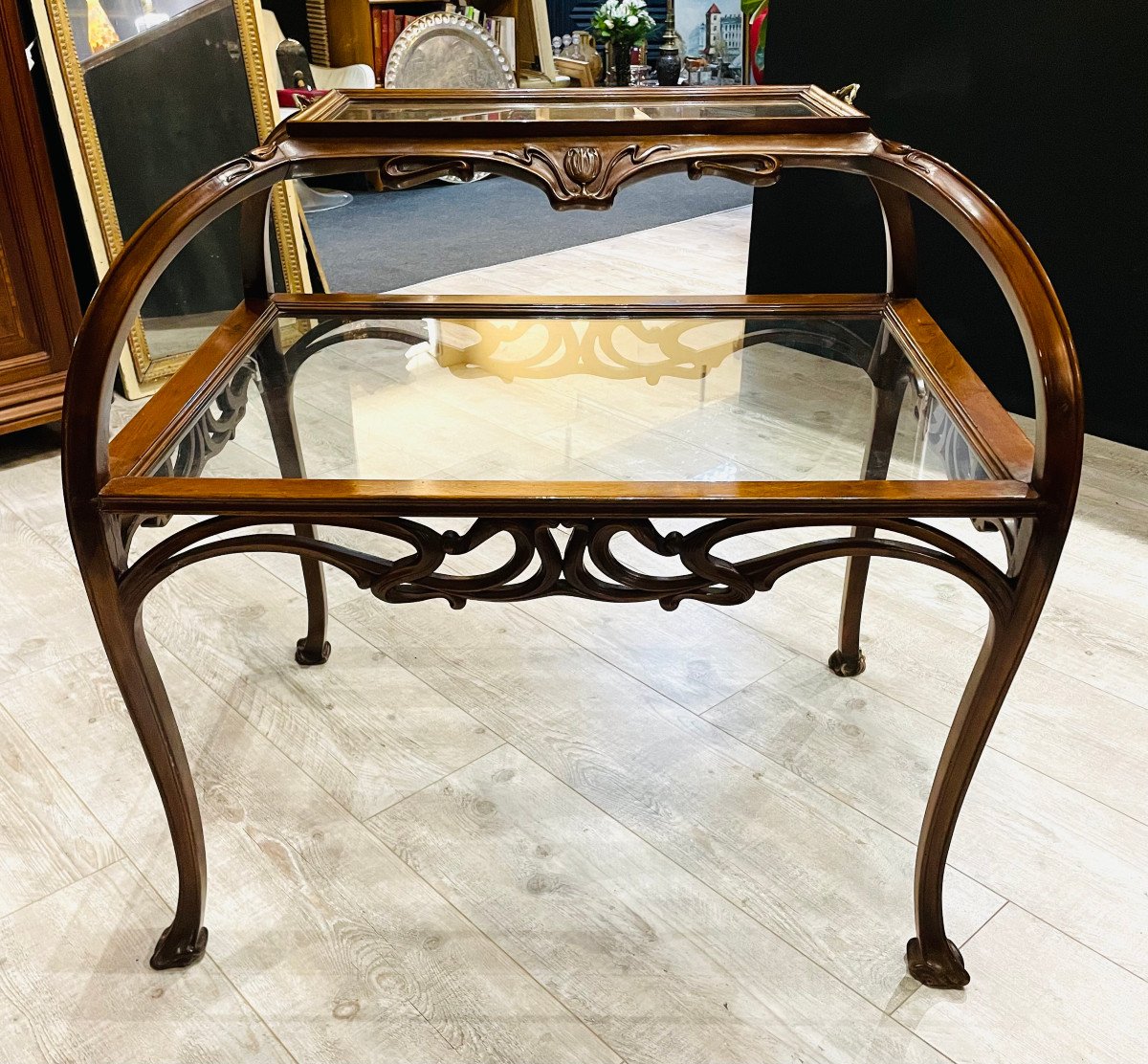 Large Table With Double Trays In Art Nouveau Bronze Walnut Majorelle Nowak