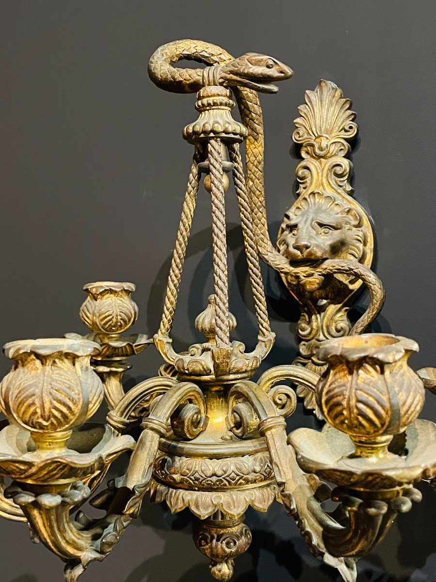 Paire d'Appliques 5 Lumières En Bronze Au Lion Et Serpent Napoléon III XIXe-photo-1