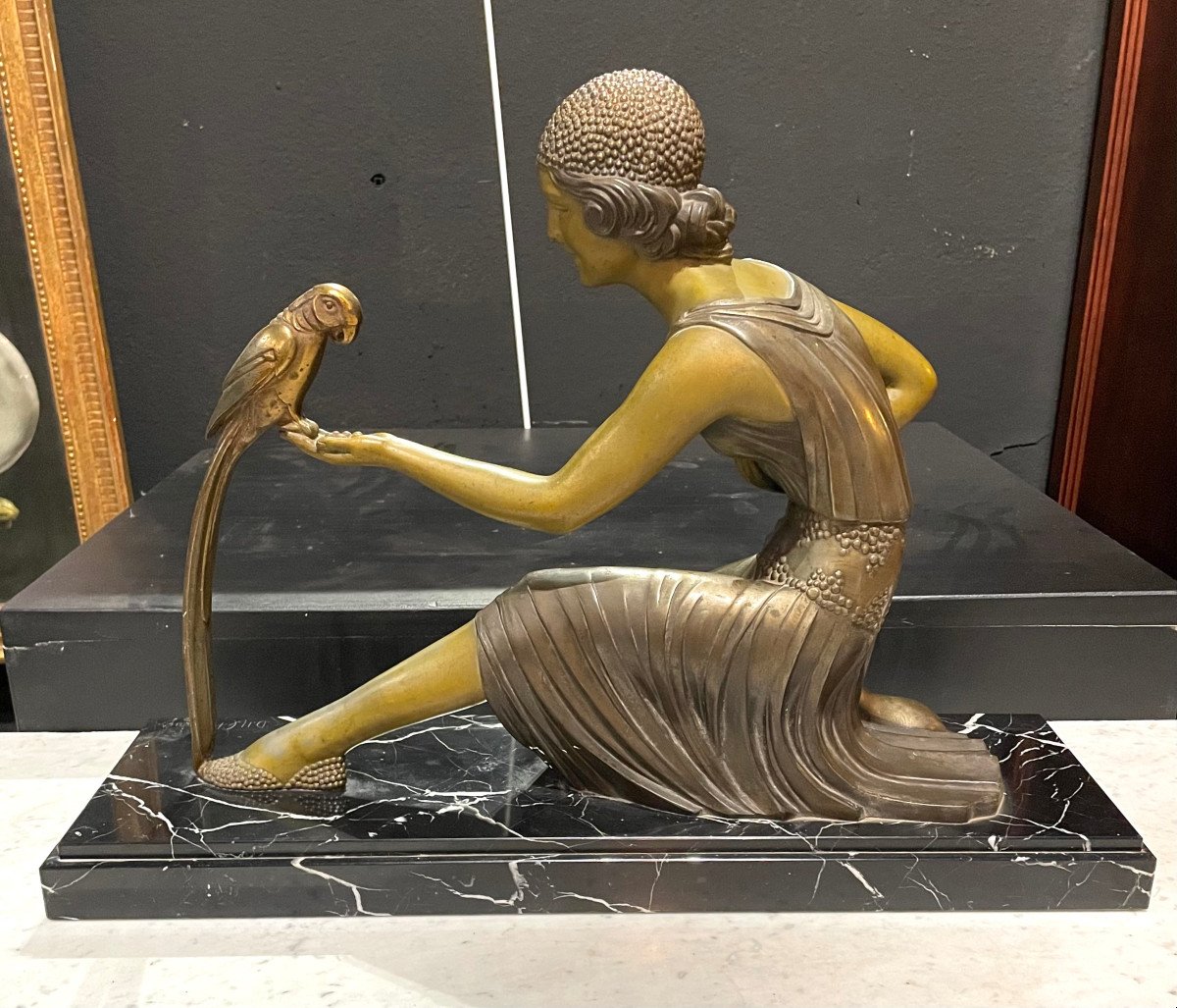 Art Deco Sculpture Dh Chiparus Young Woman With Parrot In Regulates And Marble-photo-4