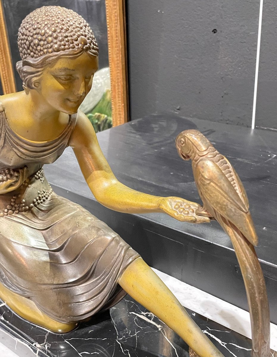 Art Deco Sculpture Dh Chiparus Young Woman With Parrot In Regulates And Marble-photo-6