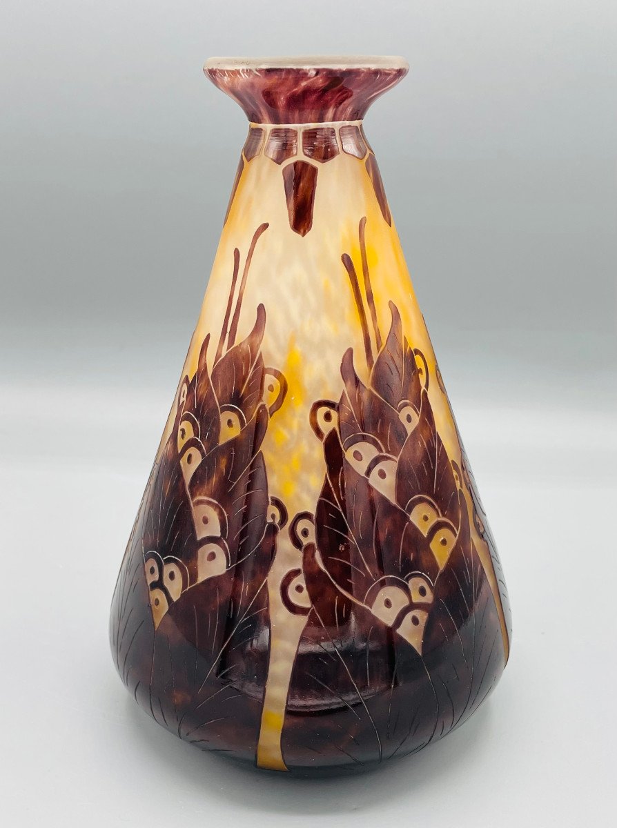 Vase Art Déco Schneider - Le Verre Français "Lauriers" Vers 1925-photo-2