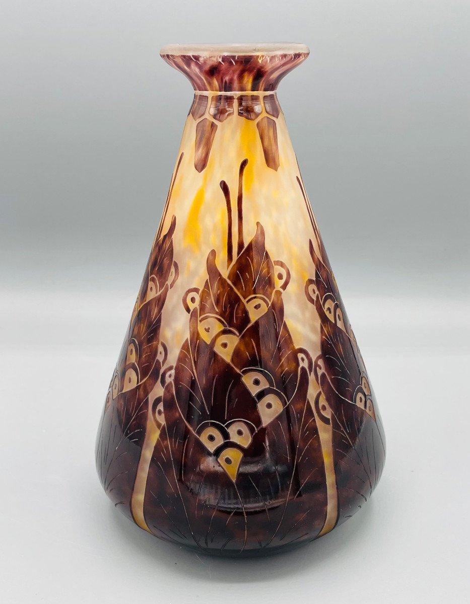 Vase Art Déco Schneider - Le Verre Français "Lauriers" Vers 1925