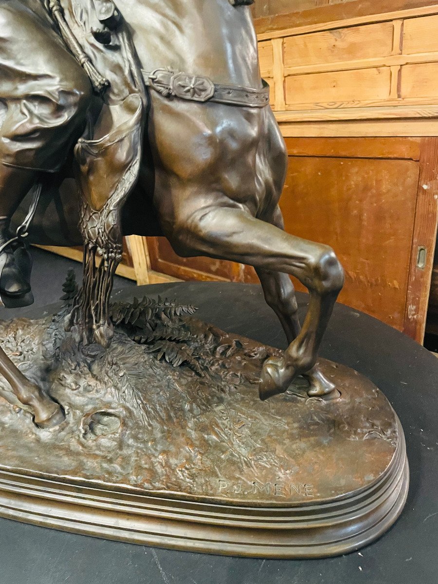 Grande Sculpture En Bronze Pierre-Jules Mène Le Fauconnier Arabe à Cheval XIXe-photo-2