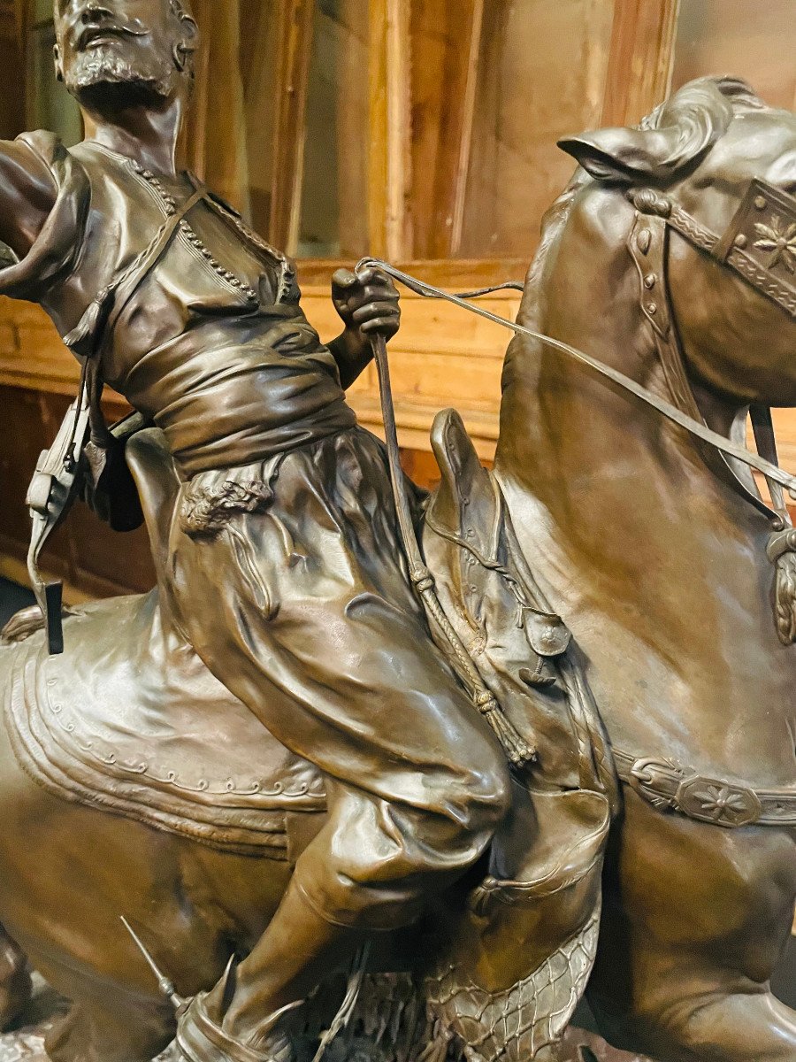 Grande Sculpture En Bronze Pierre-Jules Mène Le Fauconnier Arabe à Cheval XIXe-photo-4