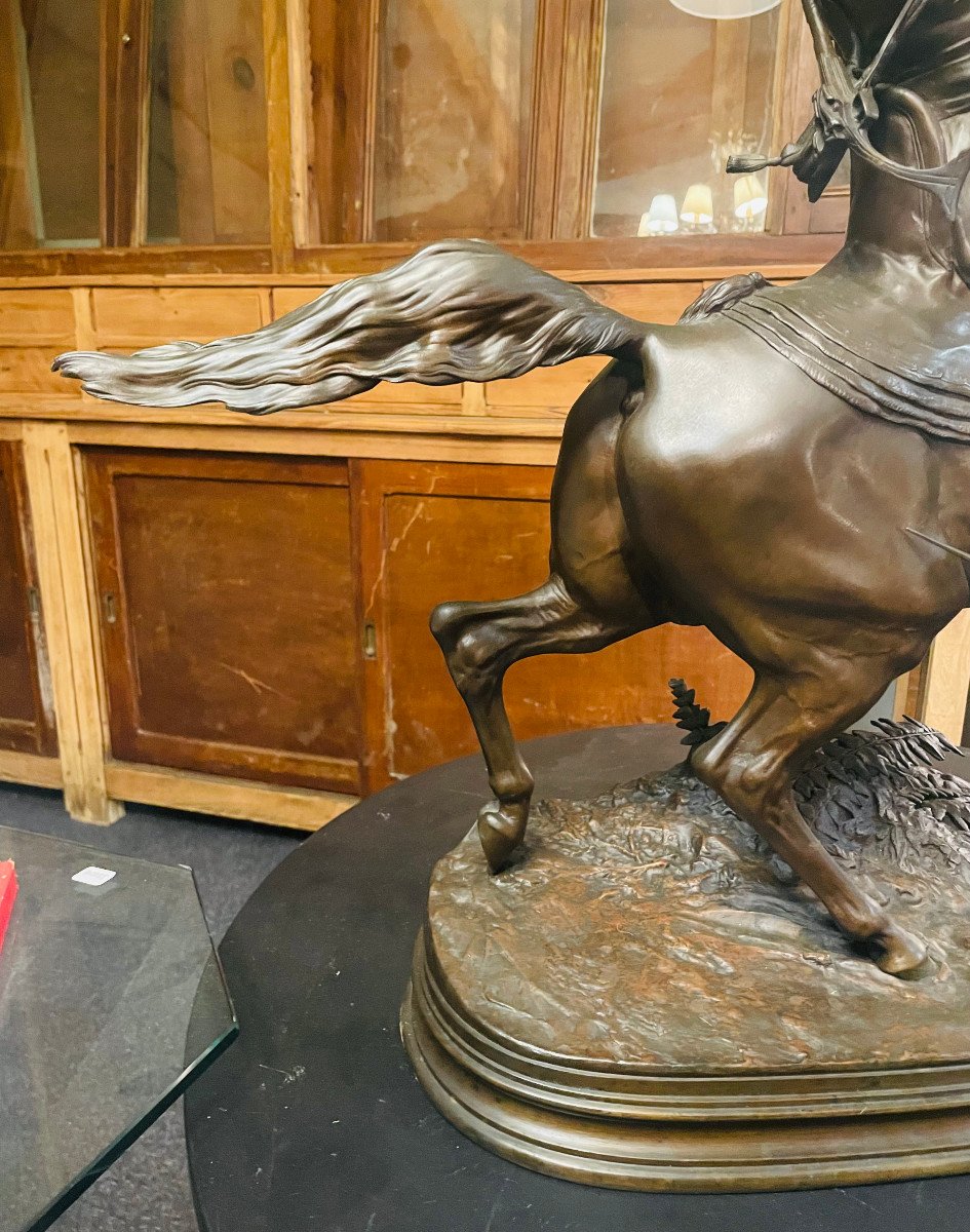 Grande Sculpture En Bronze Pierre-Jules Mène Le Fauconnier Arabe à Cheval XIXe-photo-2