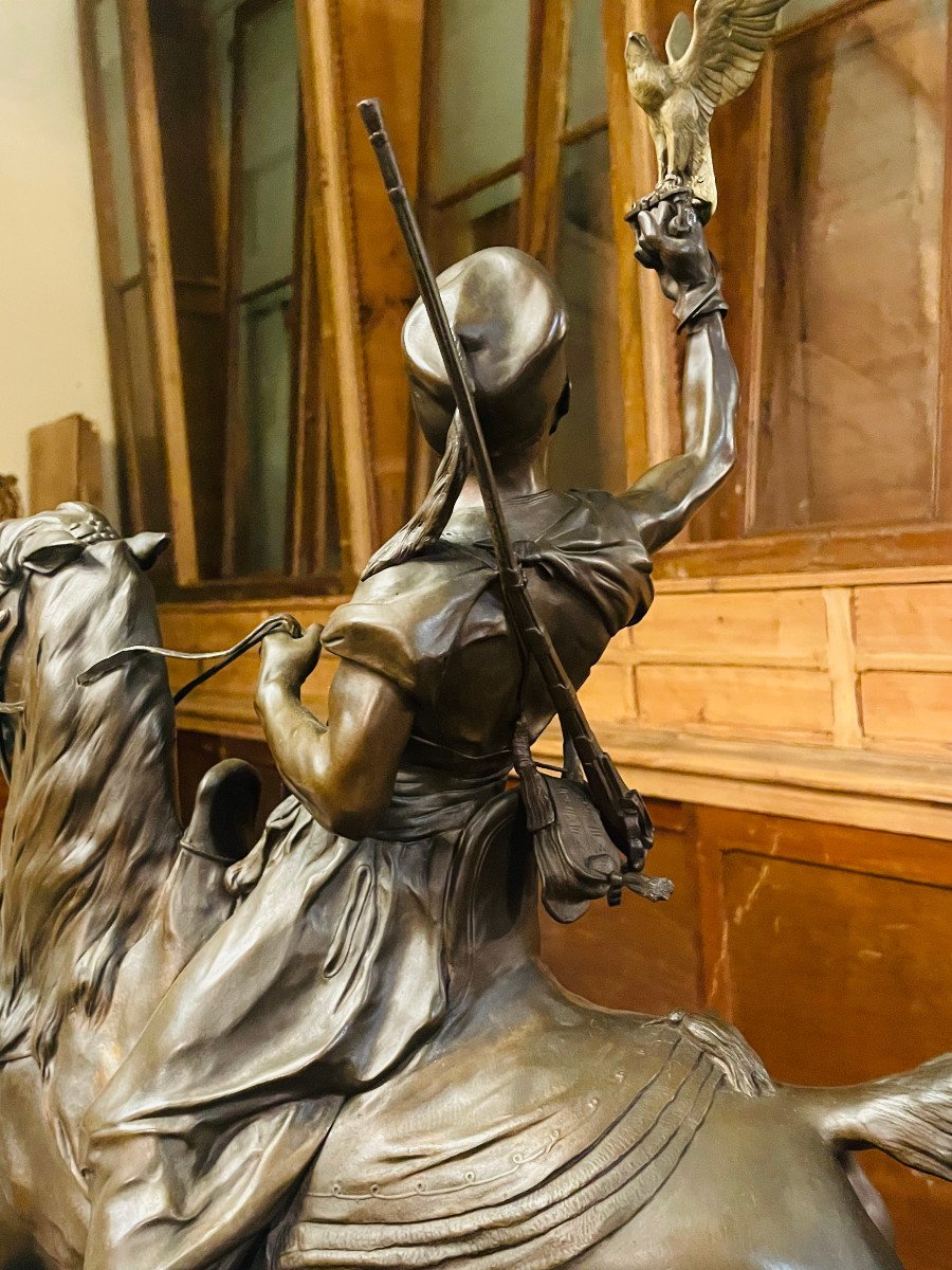 Grande Sculpture En Bronze Pierre-Jules Mène Le Fauconnier Arabe à Cheval XIXe-photo-6