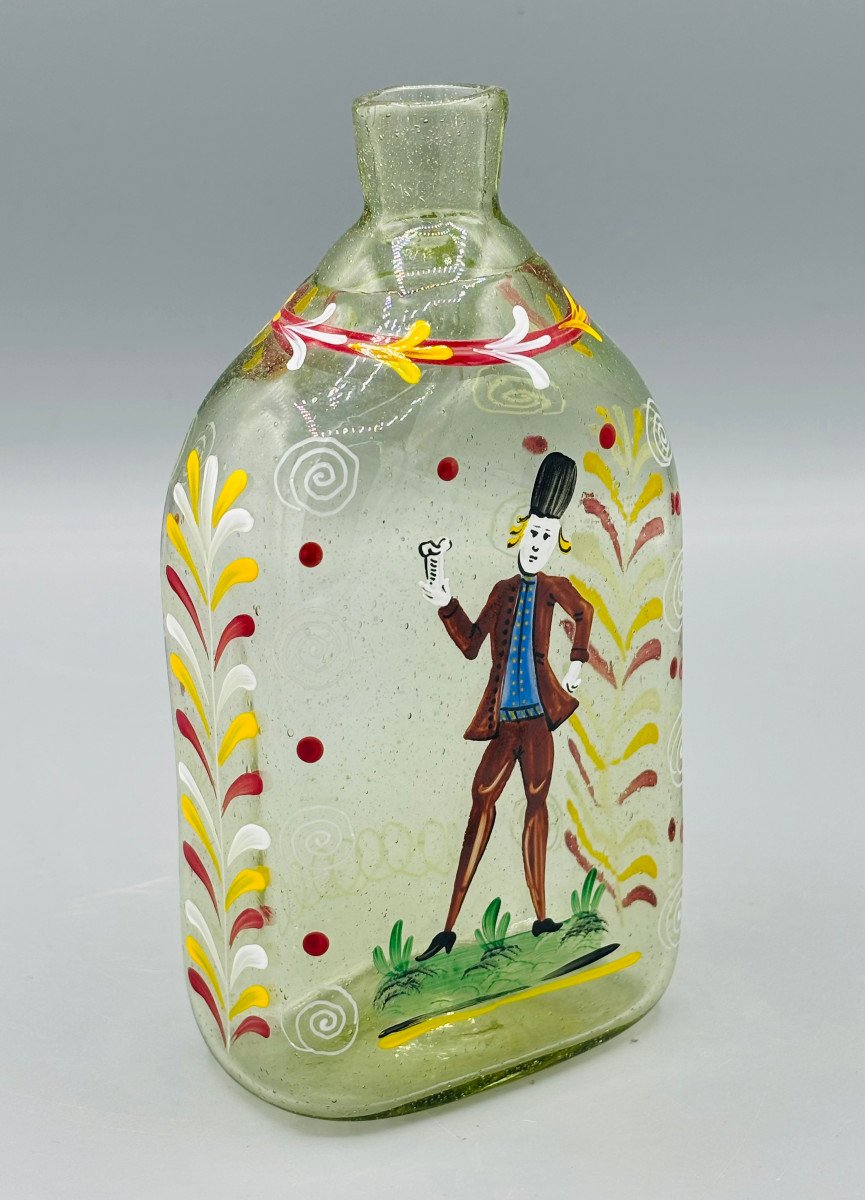 Flacon En Verre Soufflé Et Peint "Flühli" XVIIIe - XIXe Suisse Ou Alsace Bouteille-photo-2