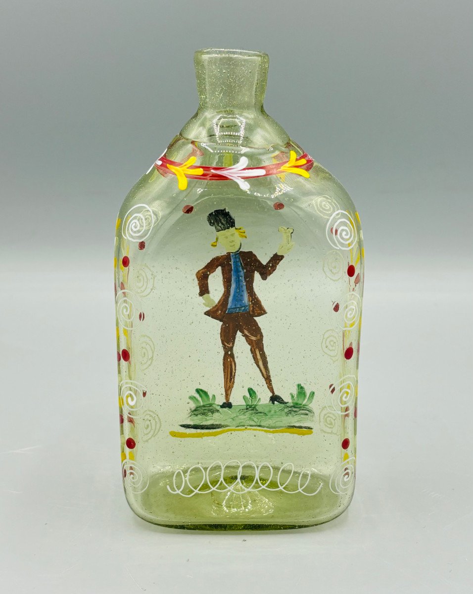 Flacon En Verre Soufflé Et Peint "Flühli" XVIIIe - XIXe Suisse Ou Alsace Bouteille-photo-4