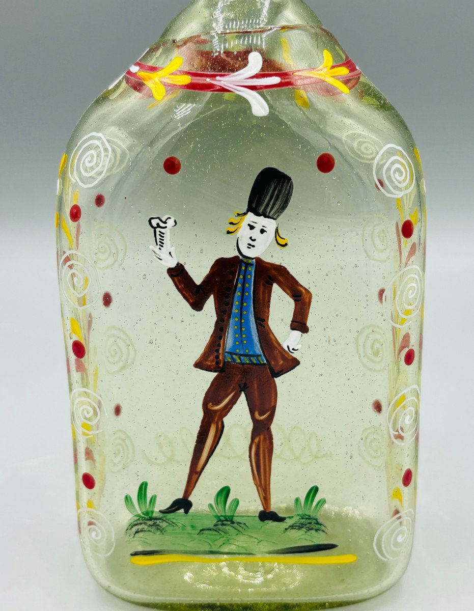 Flacon En Verre Soufflé Et Peint "Flühli" XVIIIe - XIXe Suisse Ou Alsace Bouteille-photo-2