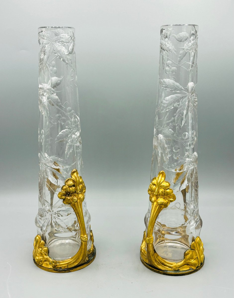 Exceptional Pair Of Art Nouveau Crystal And Bronze Vases From Baccarat 1900-photo-2