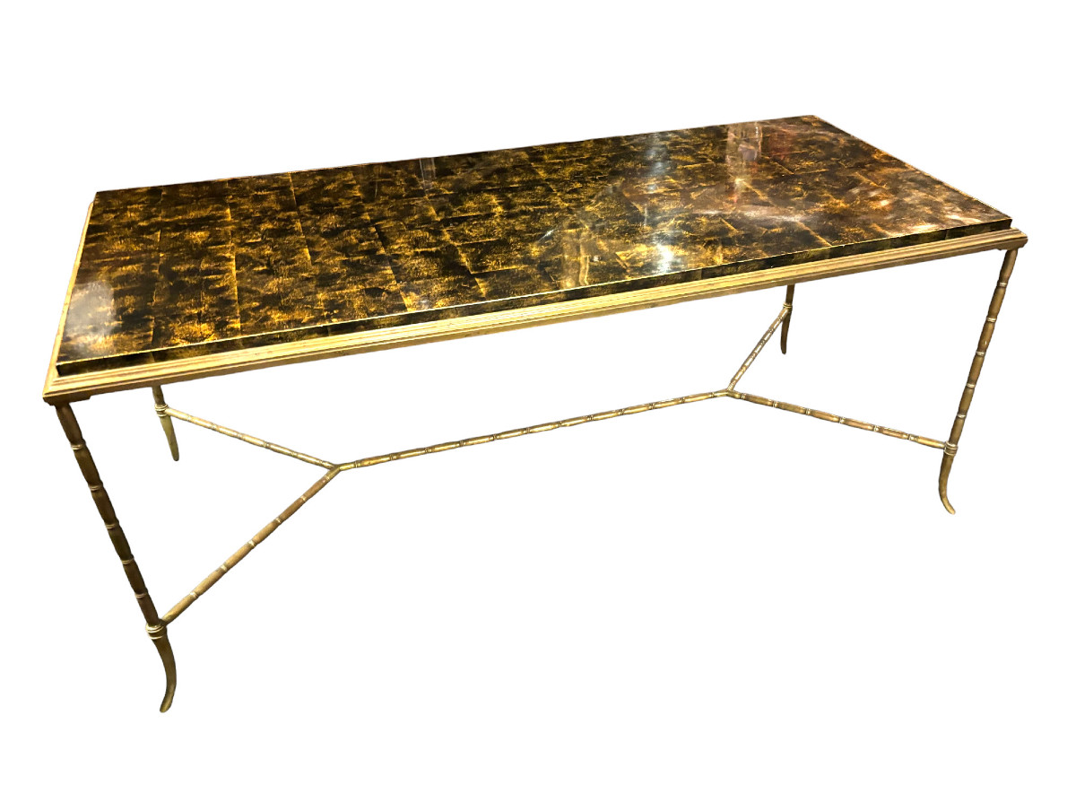 Bamboo Coffee Table In Gilded Bronze And Lacquer By Maison Baguès, 1960-photo-2